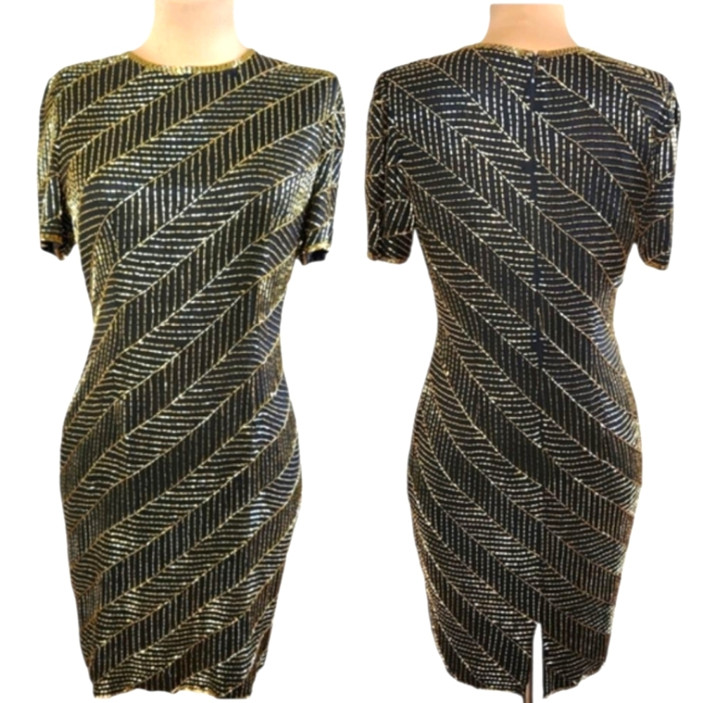 A.J. BARI Vintage 1980s Silk Beaded Sheath Dress - Size 10 - Picture 4 of 14